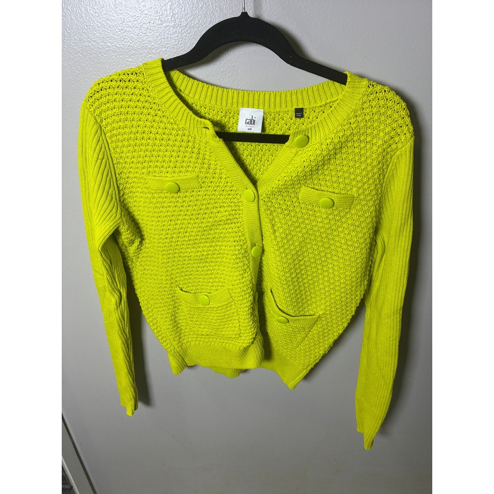 Cabi Neon Yellow Textured Popcorn Knit Button Front Cardigan Sweater 5011 Medium